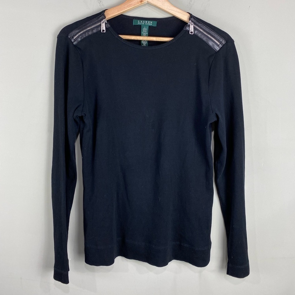 Ralph Lauren Ribbed Leather Zipper Shoulders Long Sleeve Pull Over Sweater Large